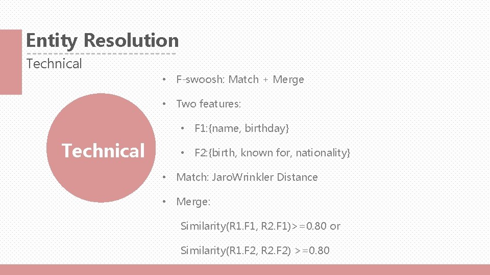 Entity Resolution Technical • F-swoosh: Match + Merge • Two features: • F 1: