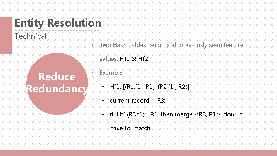Entity Resolution Technical • Two Hash Tables: records all previously seen feature values: Hf