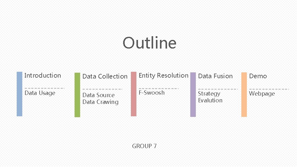 Outline Introduction Data Collection Entity Resolution Data Fusion Demo Data Usage Data Source Data