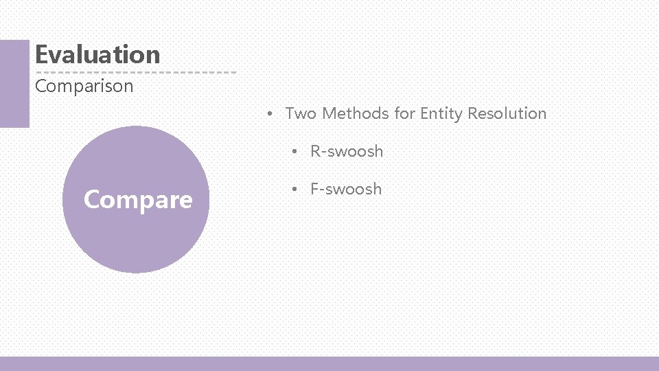 Evaluation Comparison • Two Methods for Entity Resolution • R-swoosh Compare • F-swoosh 