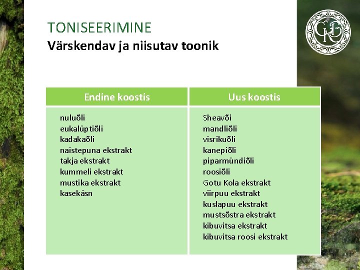 TONISEERIMINE Värskendav ja niisutav toonik Endine koostis nuluõli eukalüptiõli kadakaõli naistepuna ekstrakt takja ekstrakt