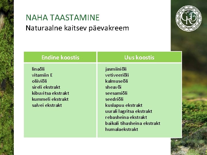 NAHA TAASTAMINE Naturaalne kaitsev päevakreem Endine koostis linaõli vitamiin Е oliiviõli sireli ekstrakt kibuvitsa