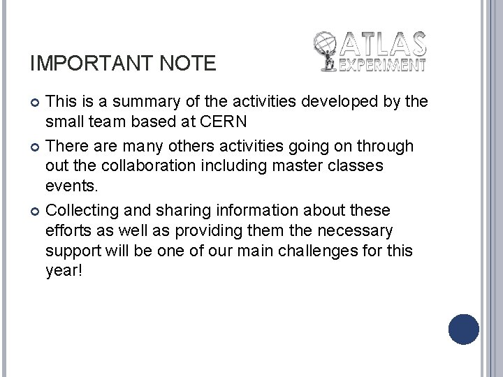 IMPORTANT NOTE This is a summary of the activities developed by the small team