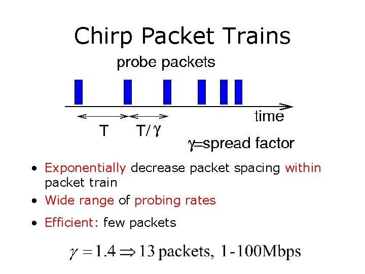 Chirp Packet Trains • Exponentially decrease packet spacing within packet train • Wide range