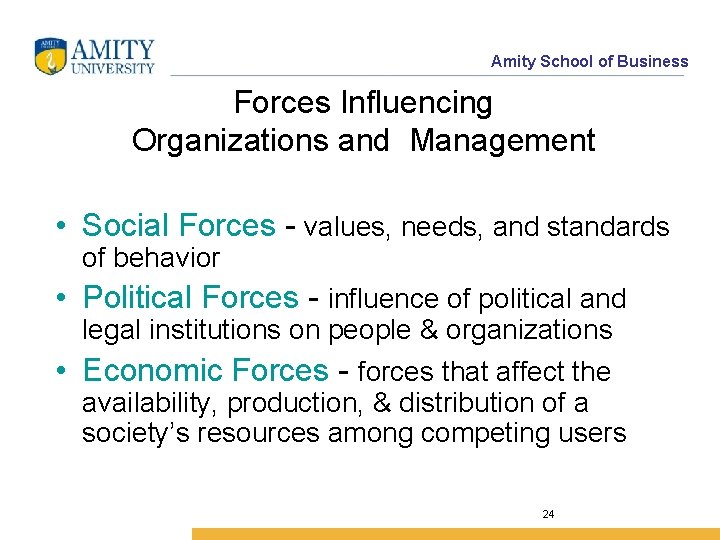 Amity School of Business Forces Influencing Organizations and Management • Social Forces - values,