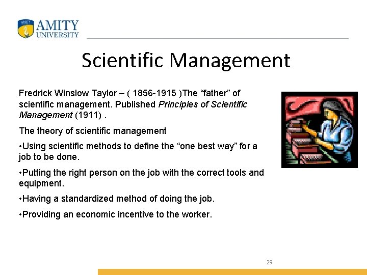 Scientific Management Fredrick Winslow Taylor – ( 1856 -1915 )The “father” of scientific management.