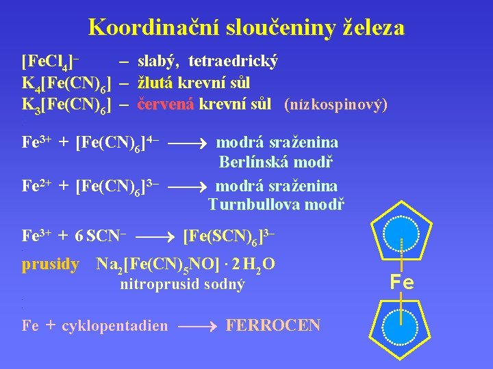 Koordinační sloučeniny železa [Fe. Cl 4]– – slabý, tetraedrický K 4[Fe(CN)6] – žlutá krevní
