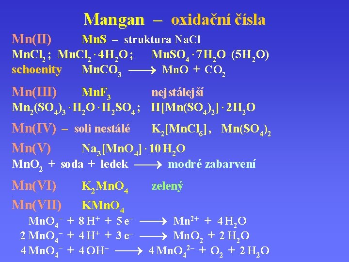 Mangan – oxidační čísla Mn(II) II Mn. S – struktura Na. Cl Mn. Cl