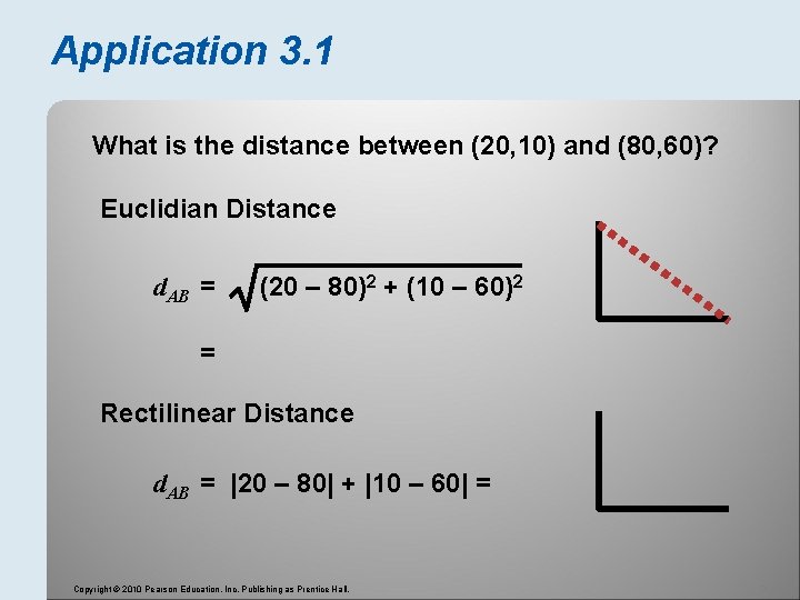 Application 3. 1 What is the distance between (20, 10) and (80, 60)? Euclidian