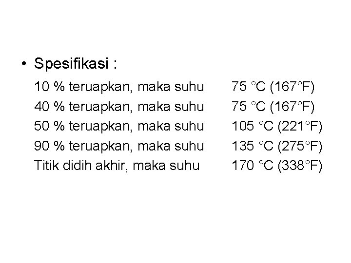 • Spesifikasi : 10 % teruapkan, maka suhu 40 % teruapkan, maka suhu