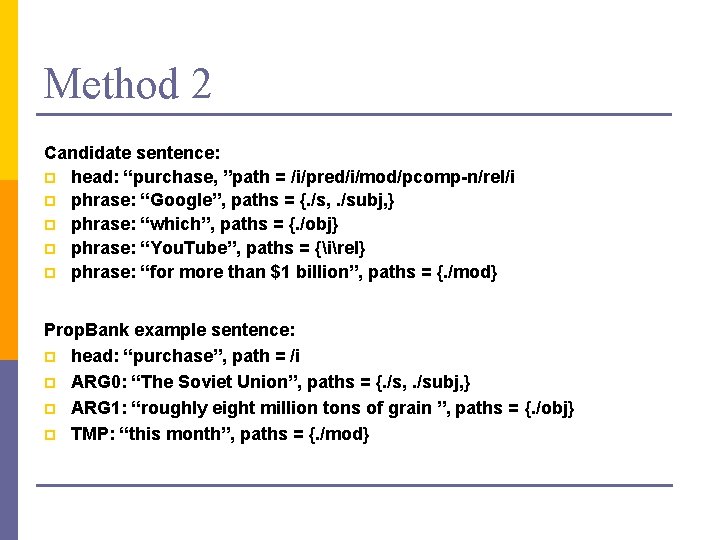 Method 2 Candidate sentence: p head: “purchase, ”path = /i/pred/i/mod/pcomp-n/rel/i p phrase: “Google”, paths