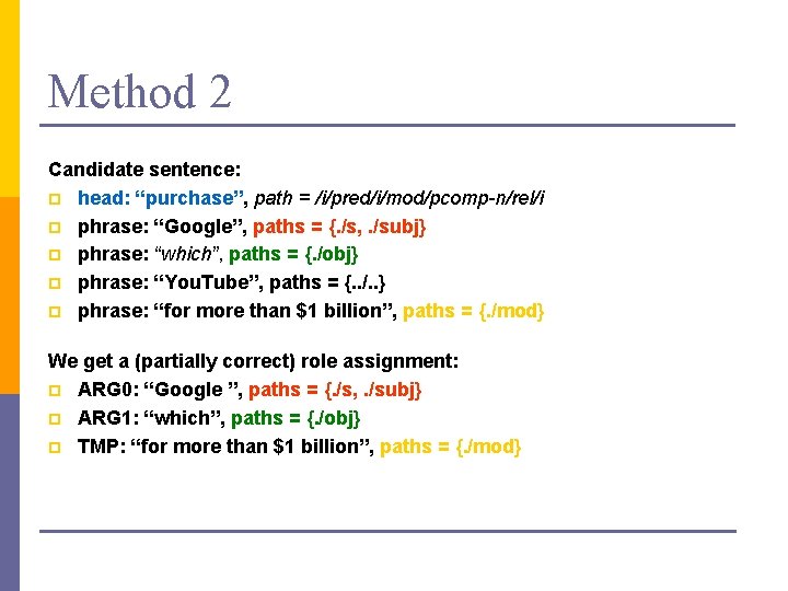 Method 2 Candidate sentence: p head: “purchase”, path = /i/pred/i/mod/pcomp-n/rel/i p phrase: “Google”, paths