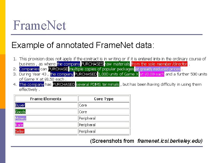 Frame. Net Example of annotated Frame. Net data: (Screenshots from framenet. icsi. berkeley. edu)