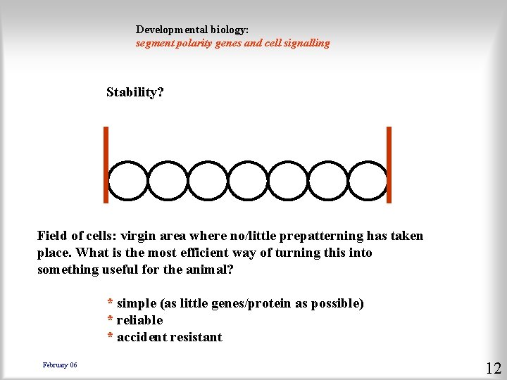 Developmental biology: segment polarity genes and cell signalling Stability? Field of cells: virgin area