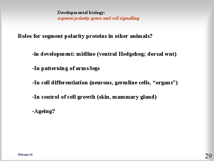 Developmental biology: segment polarity genes and cell signalling Roles for segment polarity proteins in