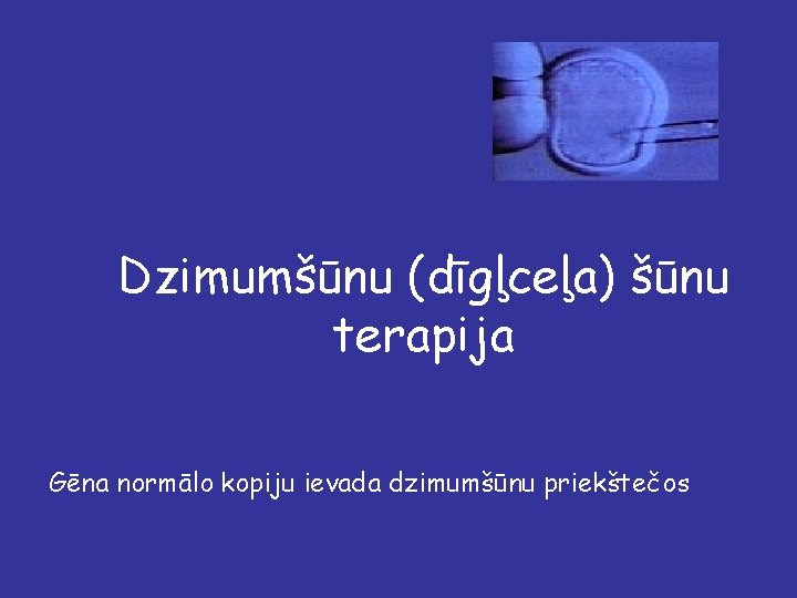 Dzimumšūnu (dīgļceļa) šūnu terapija Gēna normālo kopiju ievada dzimumšūnu priekštečos 