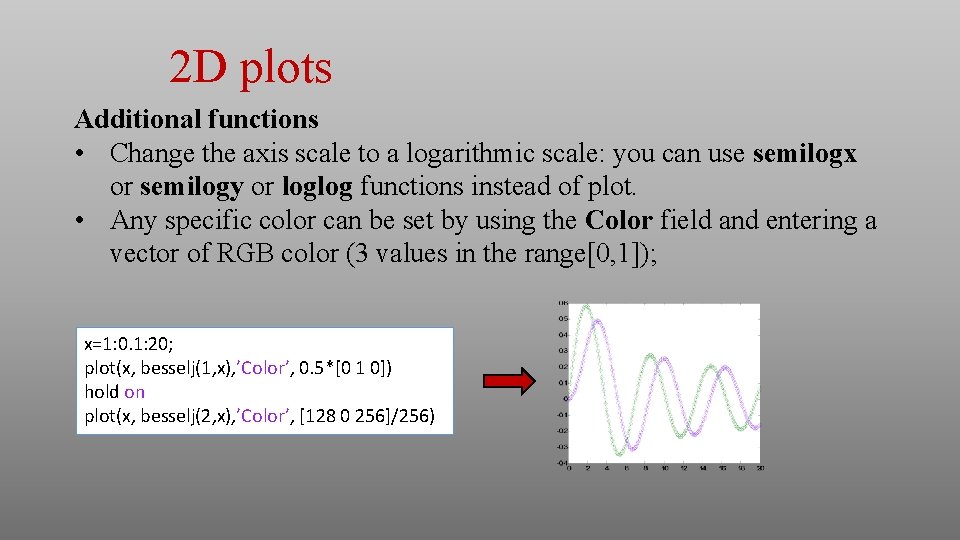 2 D plots Additional functions • Change the axis scale to a logarithmic scale: 2 D plots Additional functions • Change the axis scale to a logarithmic scale: