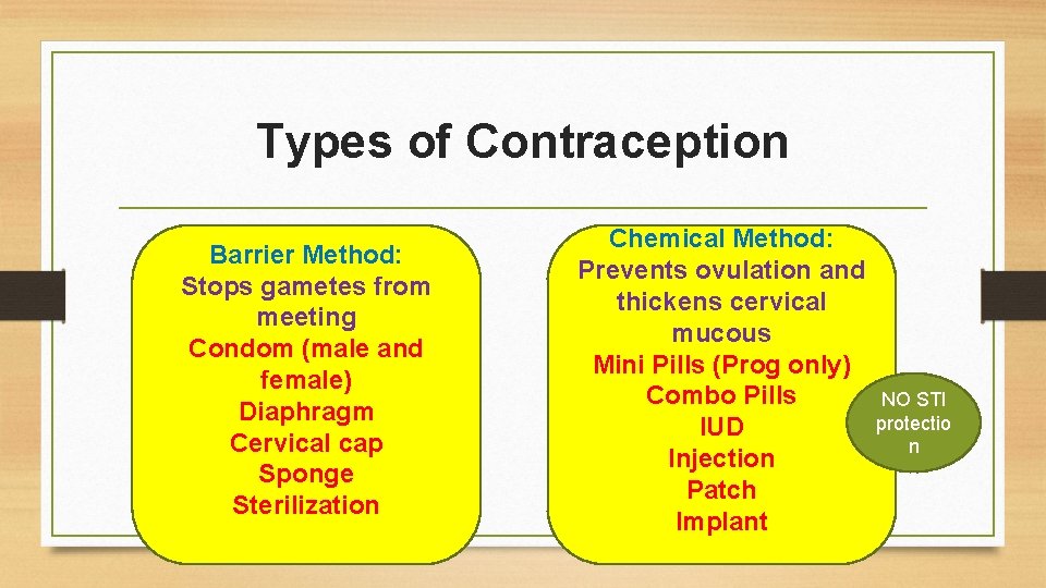 Types of Contraception Barrier Method: Stops gametes from meeting Condom (male and female) Diaphragm