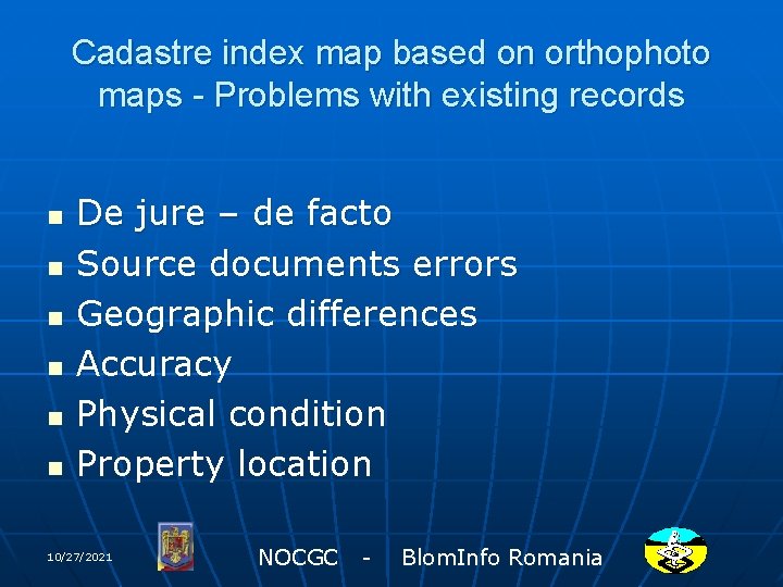 Cadastre index map based on orthophoto maps - Problems with existing records n n