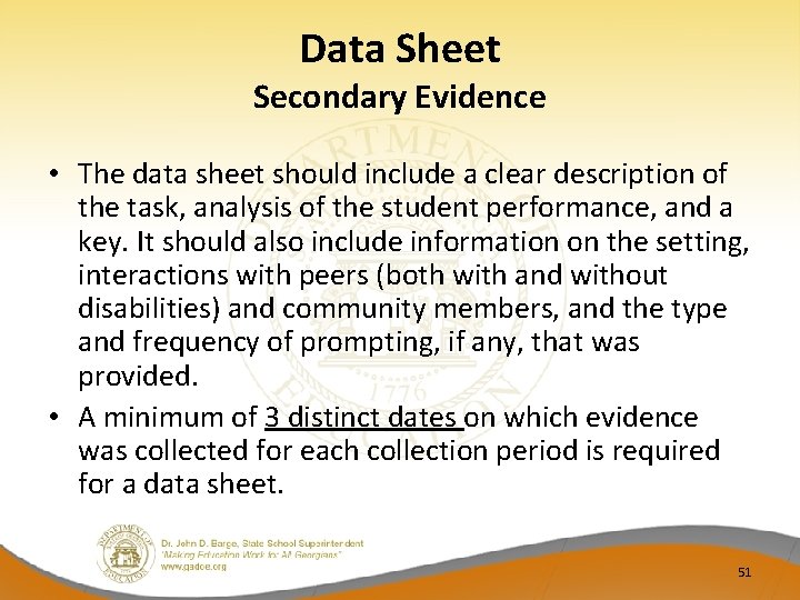 Data Sheet Secondary Evidence • The data sheet should include a clear description of