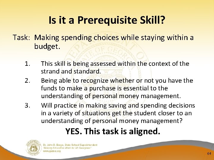 Is it a Prerequisite Skill? Task: Making spending choices while staying within a budget.