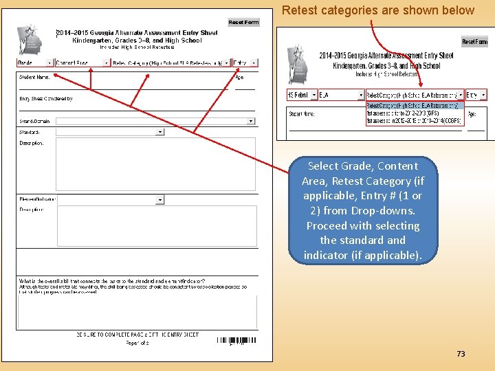 Retest categories are shown below Select Grade, Content Area, Retest Category (if applicable, Entry