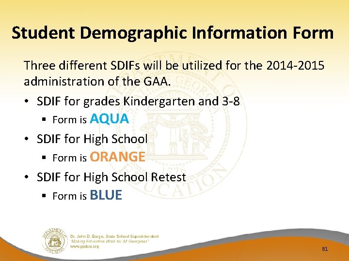 Student Demographic Information Form Three different SDIFs will be utilized for the 2014‐ 2015