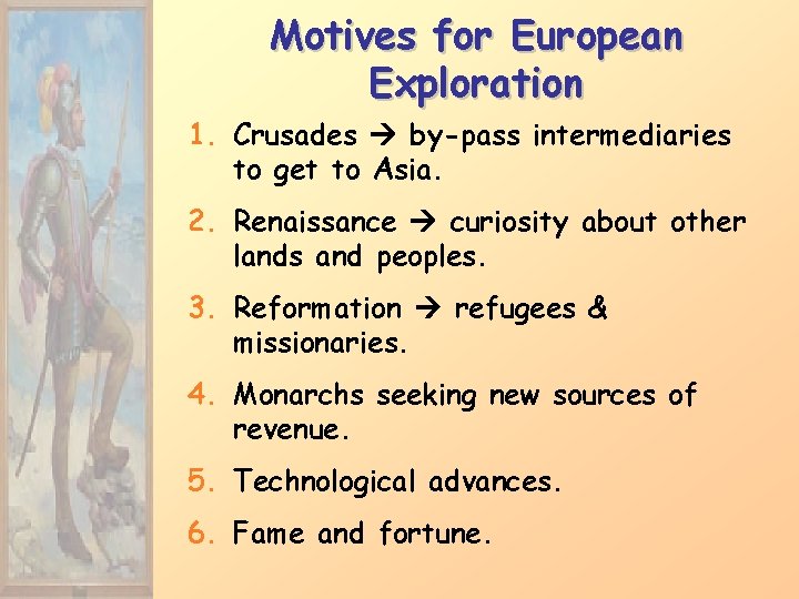 Motives for European Exploration 1. Crusades by-pass intermediaries to get to Asia. 2. Renaissance