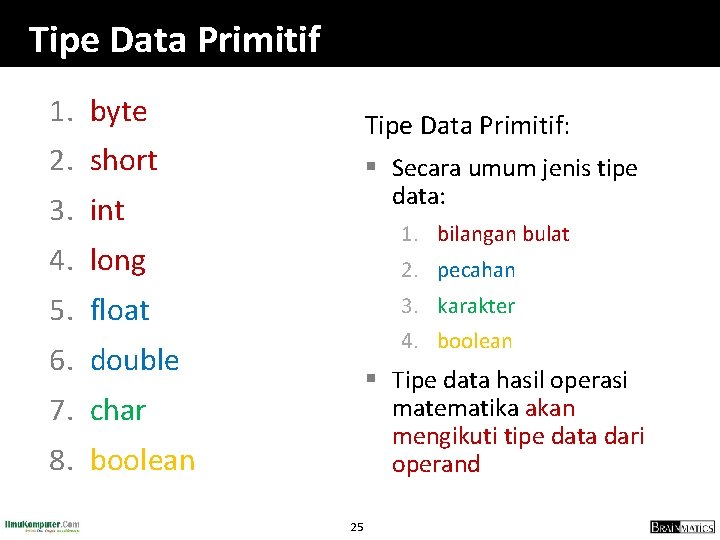 Tipe Data Primitif 1. byte Tipe Data Primitif: 2. short § Secara umum jenis