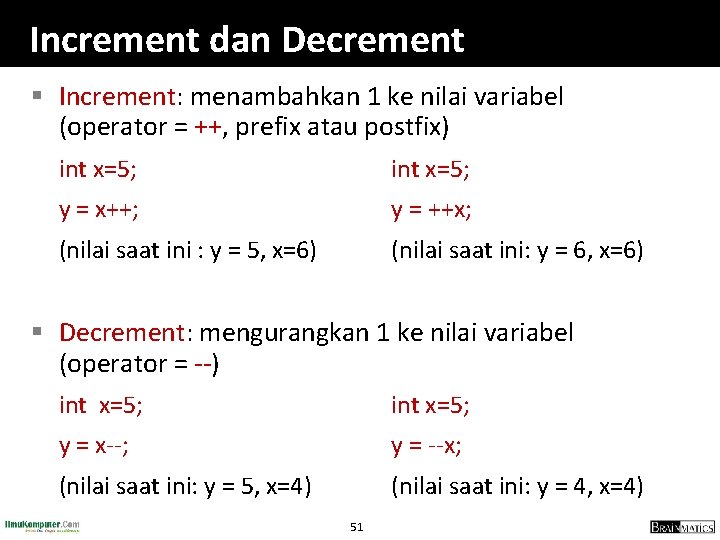 Increment dan Decrement § Increment: menambahkan 1 ke nilai variabel (operator = ++, prefix