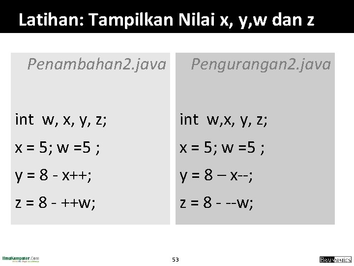 Latihan: Tampilkan Nilai x, y, w dan z Penambahan 2. java Pengurangan 2. java