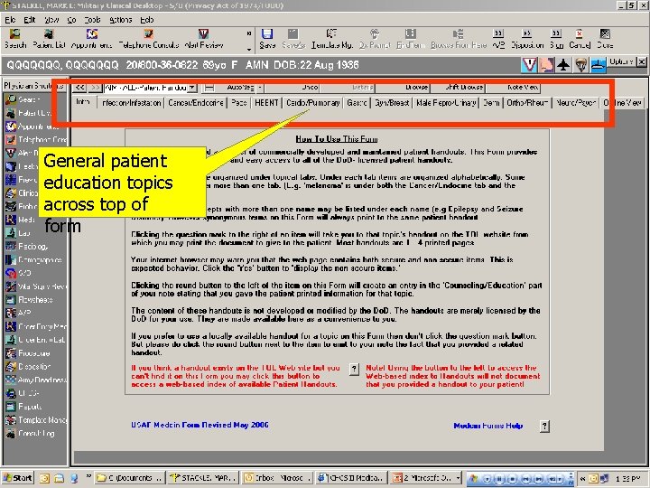 General patient education topics across top of form 