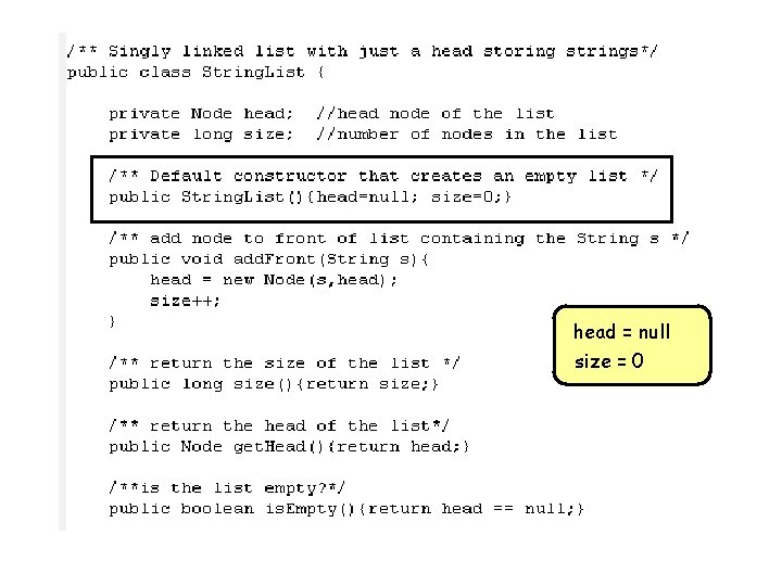head = null size = 0 