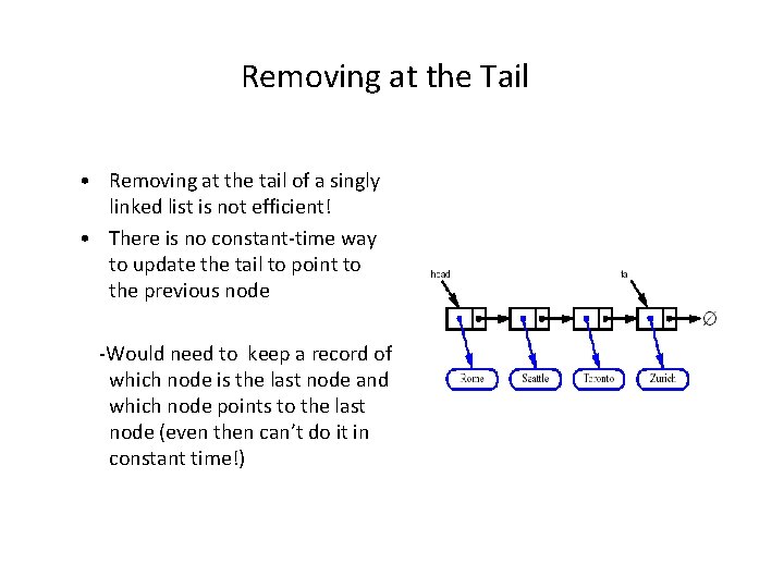 Removing at the Tail • Removing at the tail of a singly linked list