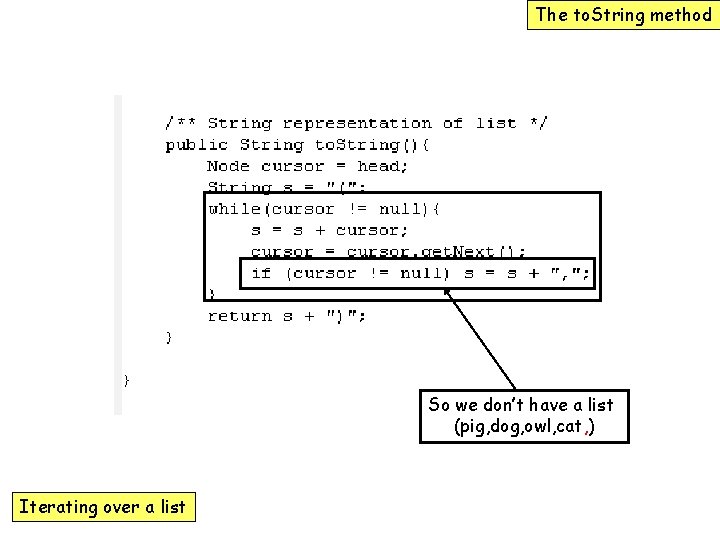 The to. String method So we don’t have a list (pig, dog, owl, cat,