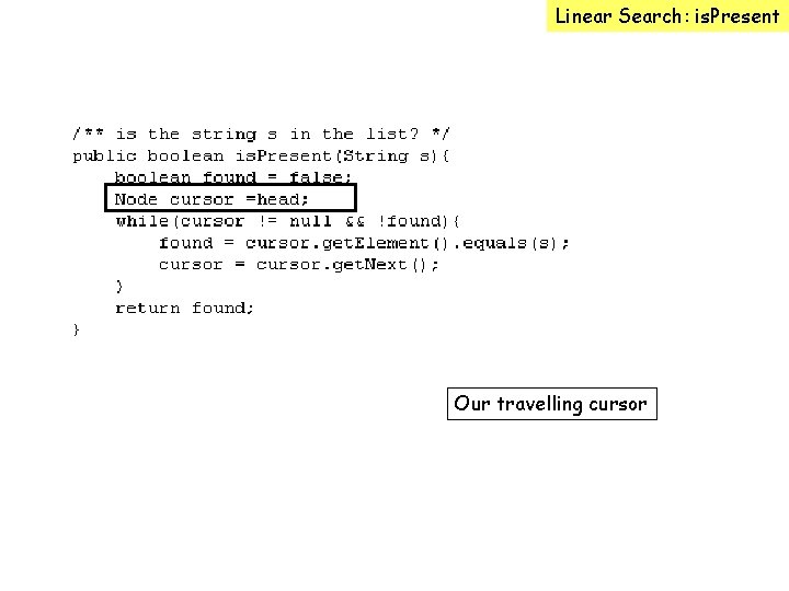 Linear Search: is. Present Our travelling cursor 