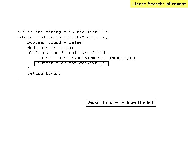 Linear Search: is. Present Move the cursor down the list 