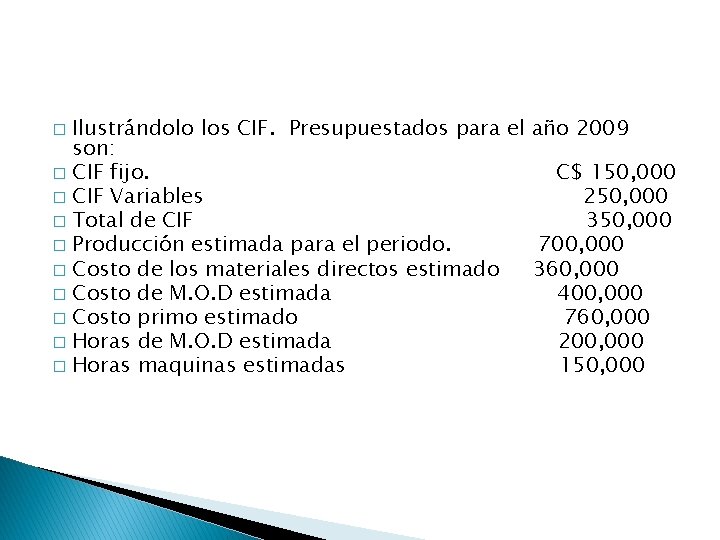 Ilustrándolo los CIF. Presupuestados para el año 2009 son: � CIF fijo. C$ 150,