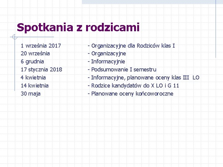 Spotkania z rodzicami 1 września 2017 20 września 6 grudnia 17 stycznia 2018 4