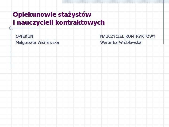 Opiekunowie stażystów i nauczycieli kontraktowych OPIEKUN Małgorzata Wiśniewska NAUCZYCIEL KONTRAKTOWY Weronika Wróblewska 