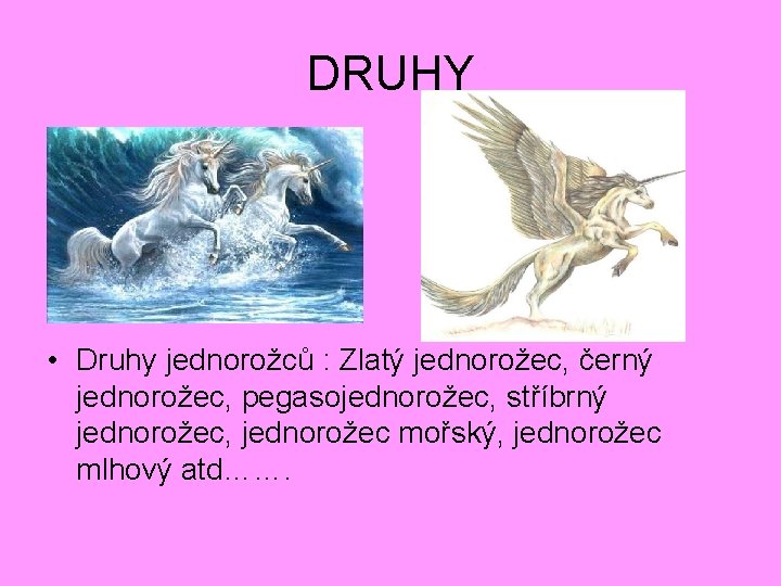 DRUHY • Druhy jednorožců : Zlatý jednorožec, černý jednorožec, pegasojednorožec, stříbrný jednorožec, jednorožec mořský,