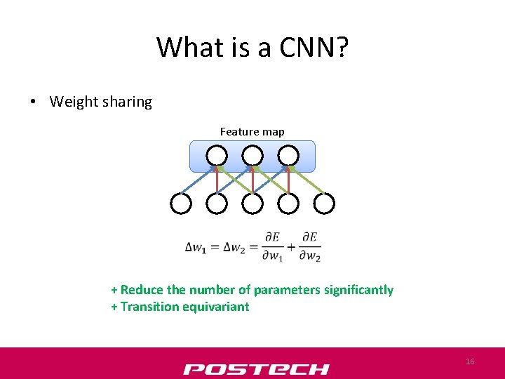 What is a CNN? • Weight sharing Feature map + Reduce the number of