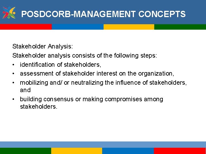 POSDCORB-MANAGEMENT CONCEPTS Stakeholder Analysis: Stakeholder analysis consists of the following steps: • identification of