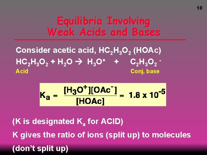 10 Equilibria Involving Weak Acids and Bases Consider acetic acid, HC 2 H 3
