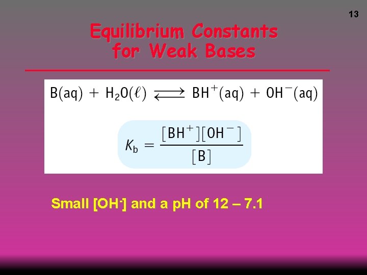 Equilibrium Constants for Weak Bases Small [OH-] and a p. H of 12 –