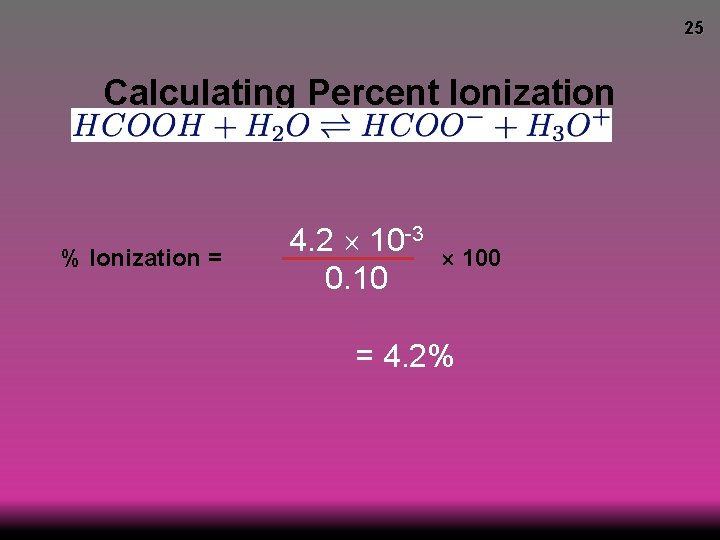 25 Calculating Percent Ionization % Ionization = 4. 2 10 -3 0. 10 100
