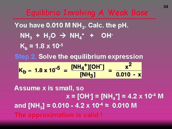 Equilibria Involving A Weak Base 34 You have 0. 010 M NH 3. Calc.