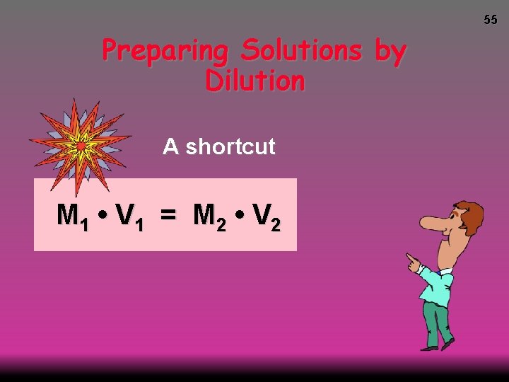 55 Preparing Solutions by Dilution A shortcut M 1 • V 1 = M