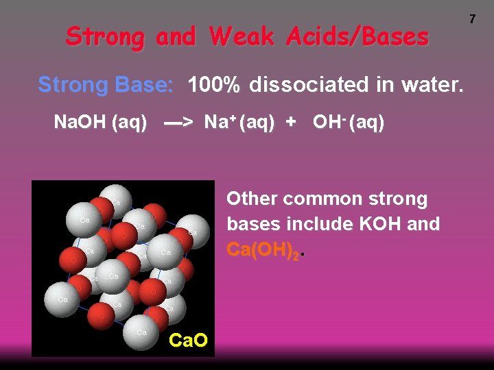 Strong and Weak Acids/Bases Strong Base: 100% dissociated in water. Na. OH (aq) --->