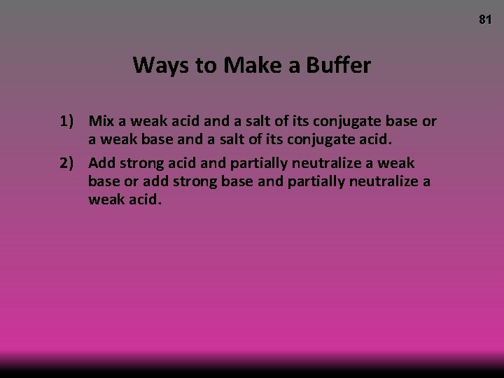81 Ways to Make a Buffer 1) Mix a weak acid and a salt